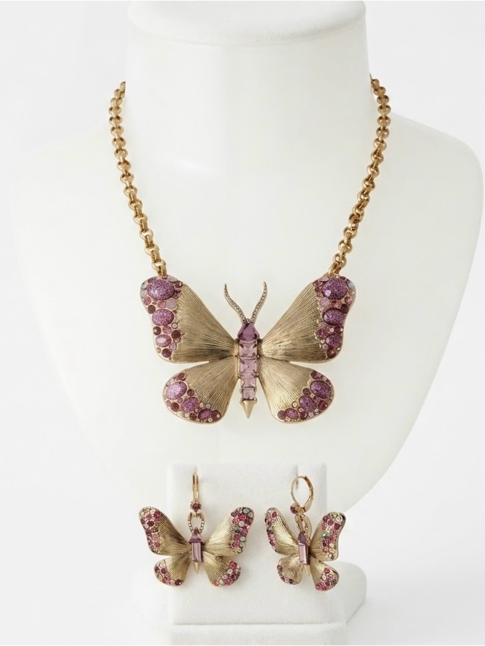 Betsey Johnson Gold-Tone Butterfly Pendant Necklace with Pink Crystal Accents